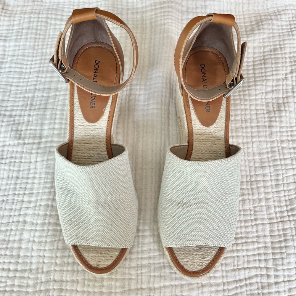 Donald J. Pliner Tan Leather and Cream Canvas Wedge Sandals - Picture 2 of 9